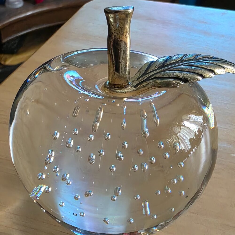 Vintage Art Glass Apple Paperweight Controlled Bubbles Brass Stem Leaf